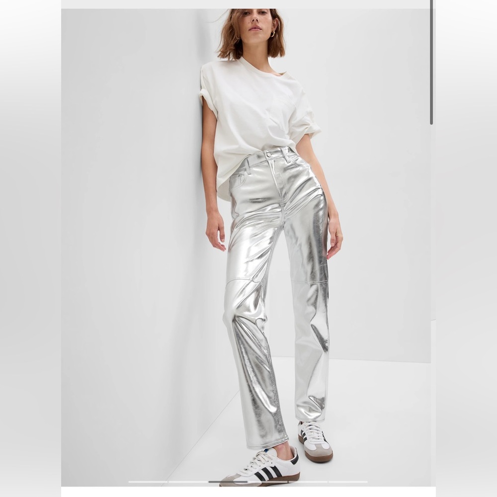 Silver Metallic High Rise Faux-Leather Straight Jeans